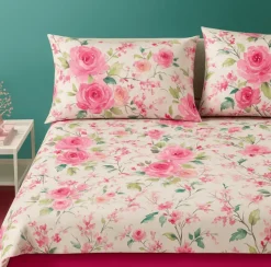 COMPLETO LENZUOLA MATRIMONIALE MIRABELLO MODELLO RAMI DI ROSE VAR. ROSA R09