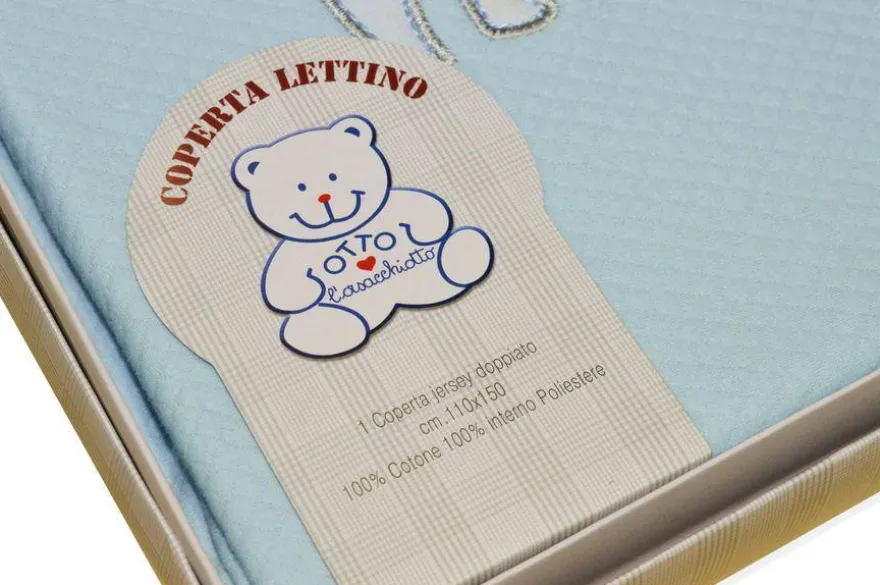 COPERTA LETTINO IN JERSEY DOPPIATO PURO COTONE DISEGNO CANE E GATTO AZZURRO