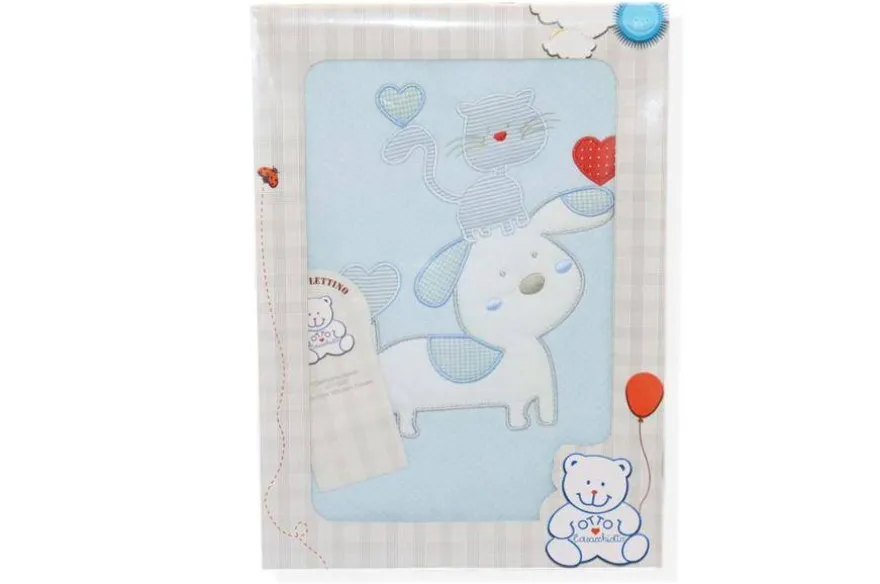 COPERTA LETTINO IN JERSEY DOPPIATO PURO COTONE DISEGNO CANE E GATTO AZZURRO