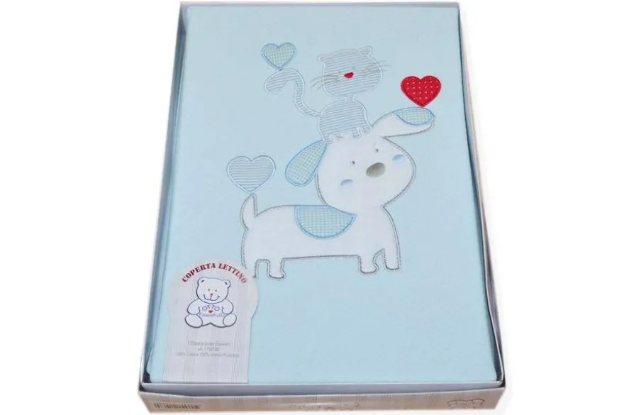 COPERTA LETTINO IN JERSEY DOPPIATO PURO COTONE DISEGNO CANE E GATTO AZZURRO
