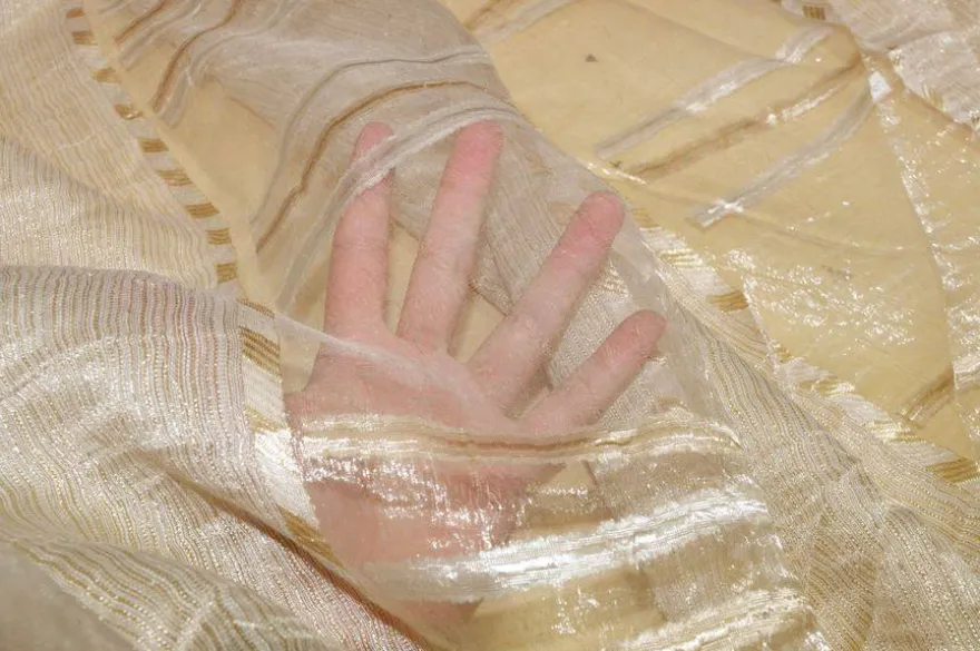 SCAMPOLO TENDA ORGANZA FANTASIA GEOMETRICA ORO E BEIGE