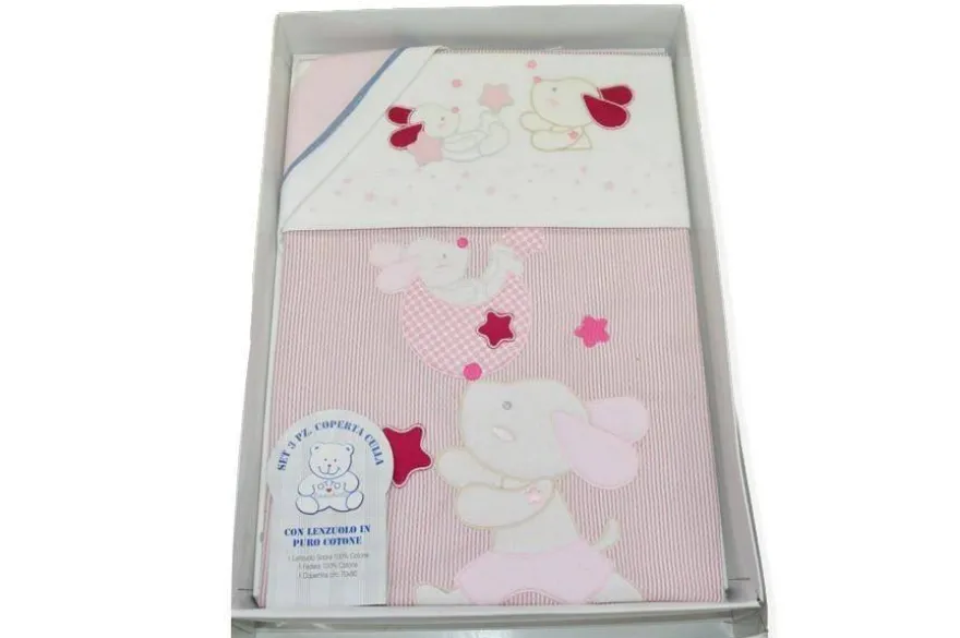 SET 3 PEZZI COPERTA CULLA DISEGNO CAGNOLINO ROSA FASCIA BIANCA