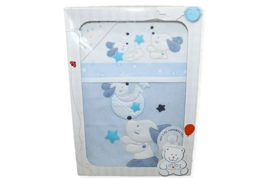 SET 3 PEZZI COPERTA CULLA DISEGNO CAGNOLINO AZZURRO