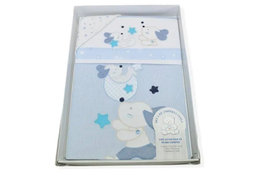 SET 3 PEZZI COPERTA CULLA DISEGNO CAGNOLINO AZZURRO