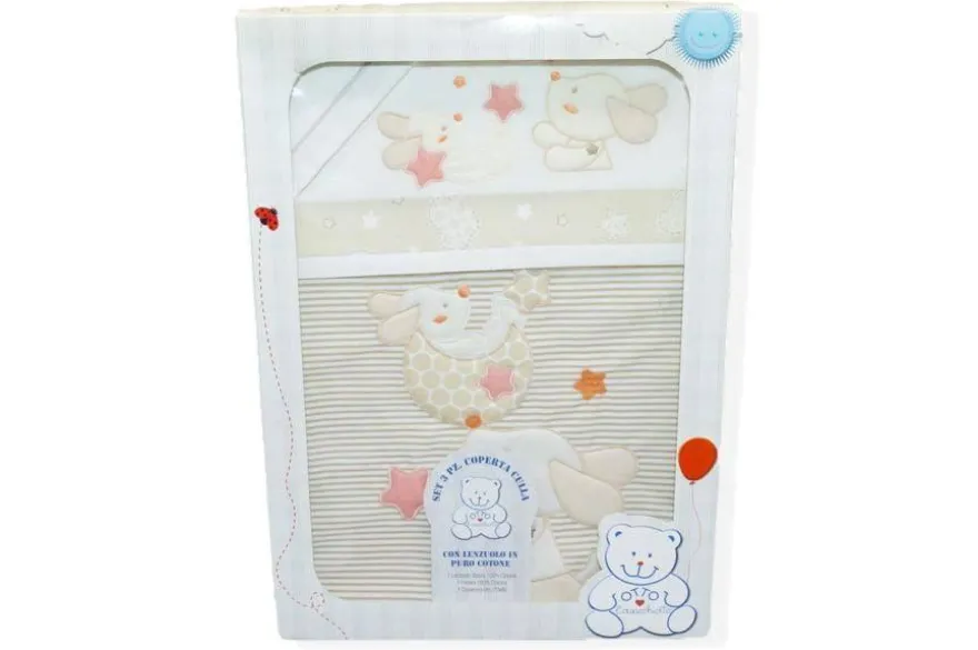 SET 3 PEZZI COPERTA CULLA DISEGNO CAGNOLINO BEIGE