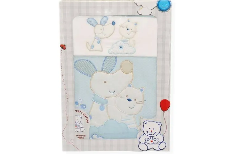 SET 3 PEZZI COPERTA LETTINO DISEGNO CANE E GATTO AZZURRO