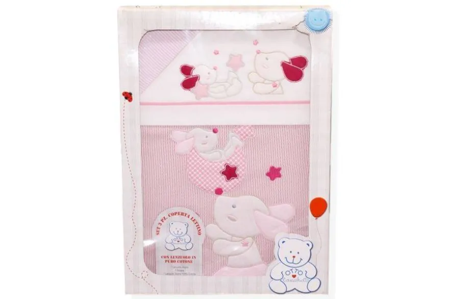 SET 3 PEZZI COPERTA LETTINO DISEGNO CAGNOLINO ROSA