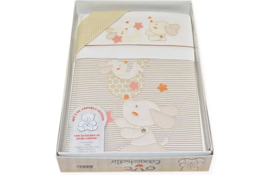 SET 3 PEZZI COPERTA LETTINO DISEGNO CAGNOLINO BEIGE