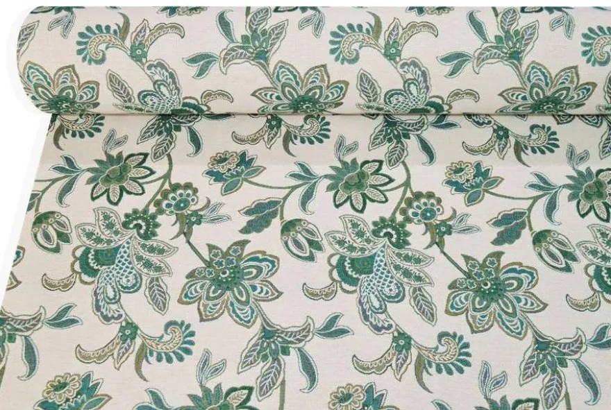 TESSUTO ARREDO CASA GOBELIN FANTASIA FIORE STILIZZATO VERDE