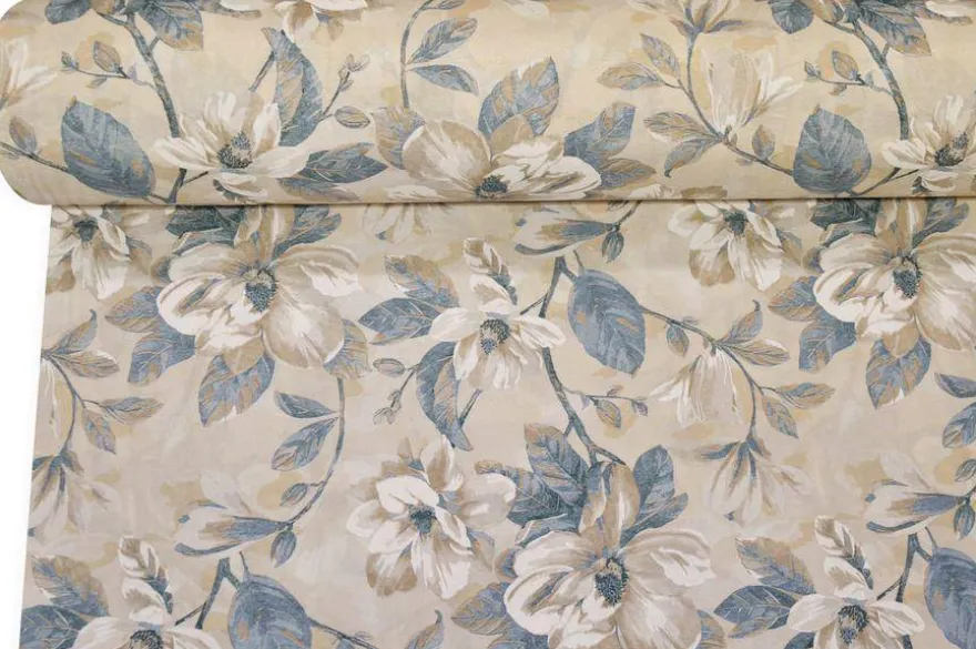 TESSUTO ARREDO FANTASIA MAGNOLIA AZZURRA FONDO BEIGE