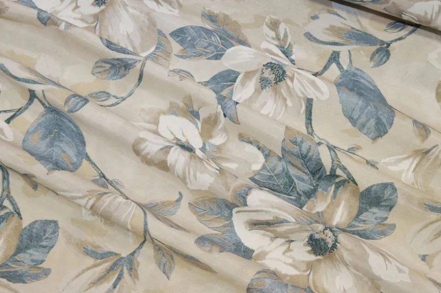 TESSUTO ARREDO FANTASIA MAGNOLIA AZZURRA FONDO BEIGE