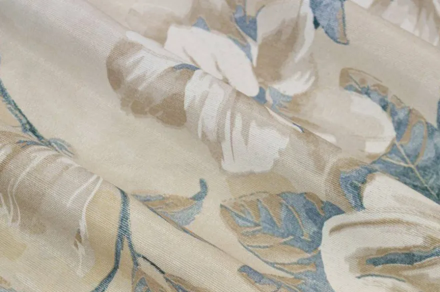 TESSUTO ARREDO FANTASIA MAGNOLIA AZZURRA FONDO BEIGE