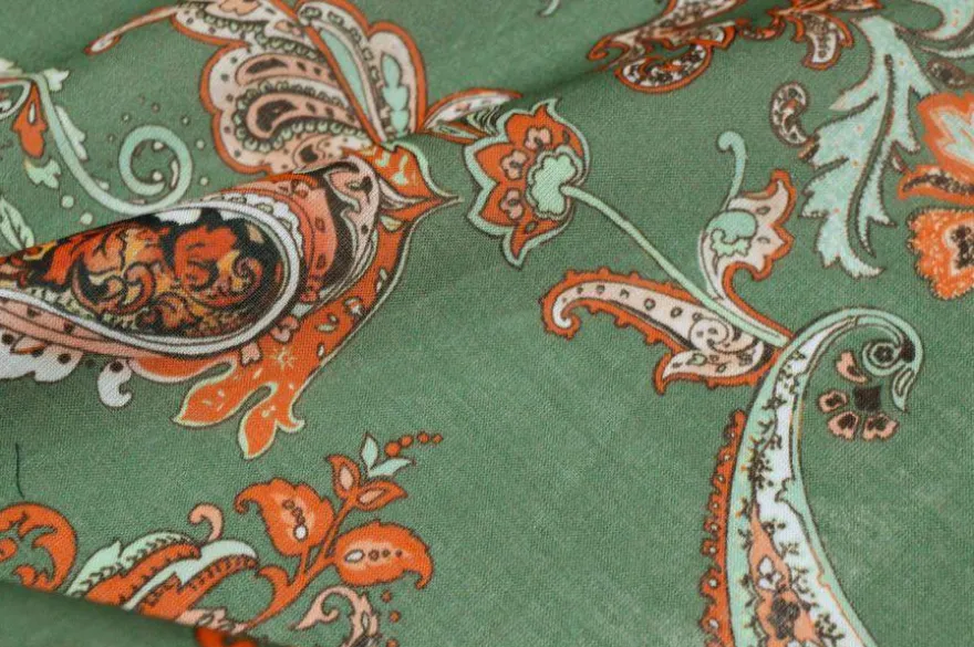 TESSUTO BATISTA PURO COTONE DISEGNO CASHMERE ARANCIO E VERDE