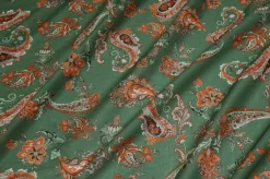 TESSUTO BATISTA PURO COTONE DISEGNO CASHMERE ARANCIO E VERDE