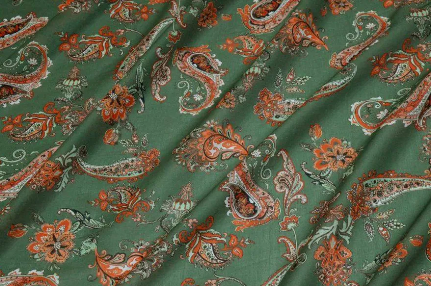 TESSUTO BATISTA PURO COTONE DISEGNO CASHMERE ARANCIO E VERDE