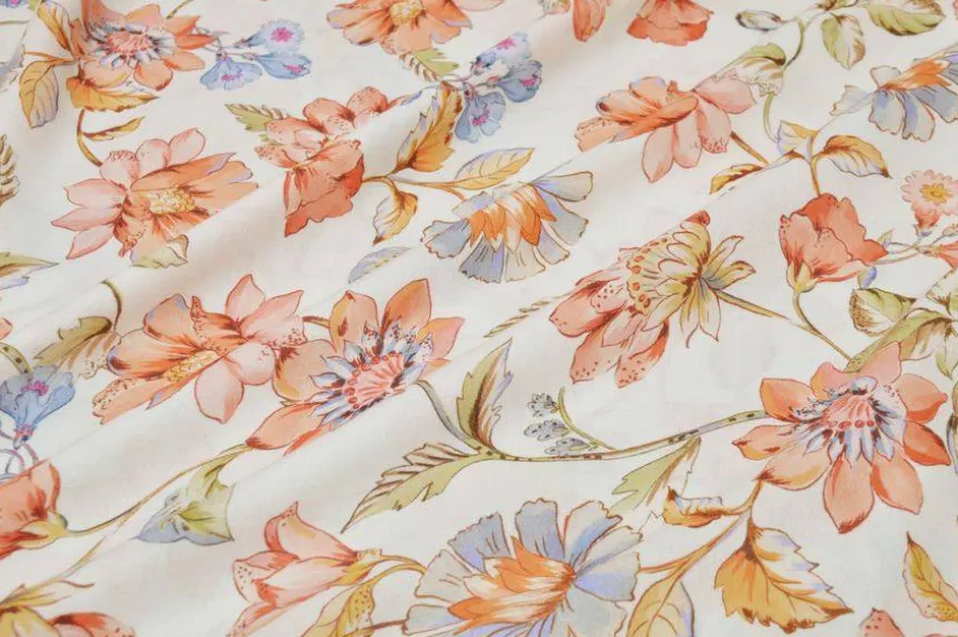 TESSUTO BATISTA PURO COTONE FLOREALE FONDO PANNA