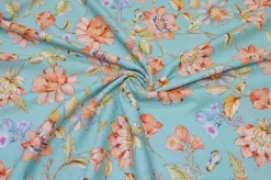 TESSUTO BATISTA PURO COTONE FLOREALE FONDO TURCHESE