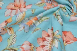 TESSUTO BATISTA PURO COTONE FLOREALE FONDO TURCHESE