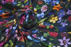 TESSUTO CHIFFON PURA SETA FANTASIA FIORI FONDO NERO