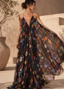 TESSUTO CHIFFON PURA SETA FANTASIA FIORI FONDO NERO
