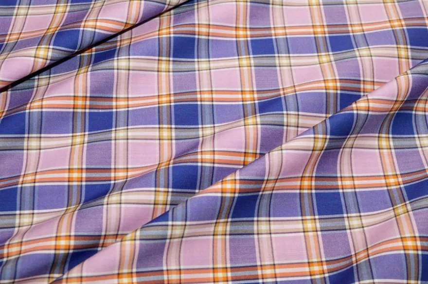 TESSUTO COTONE CAMICERIA STRETCH SCACCO ROSA VIOLA