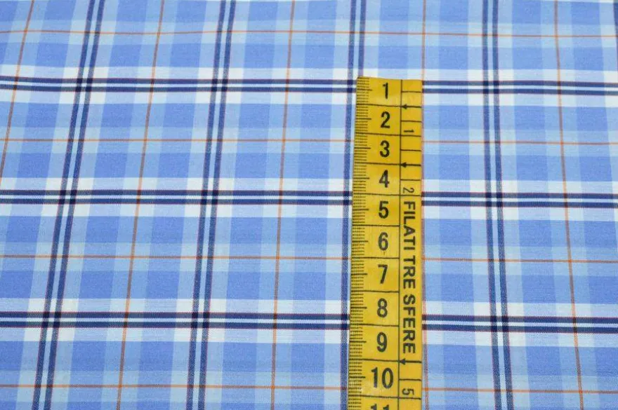 TESSUTO COTONE CAMICERIA STRETCH SCACCO AZZURRO RIGA ARANCIO