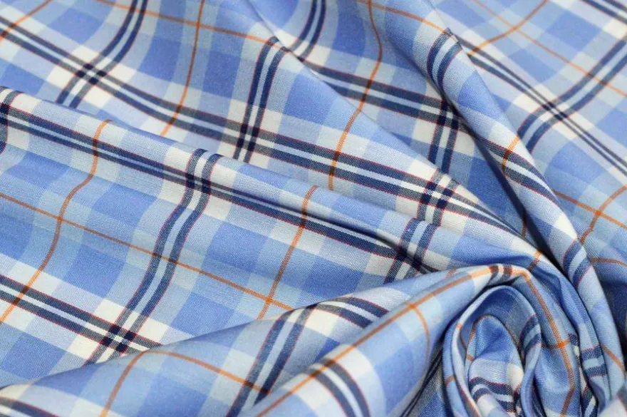 TESSUTO COTONE CAMICERIA STRETCH SCACCO AZZURRO RIGA ARANCIO