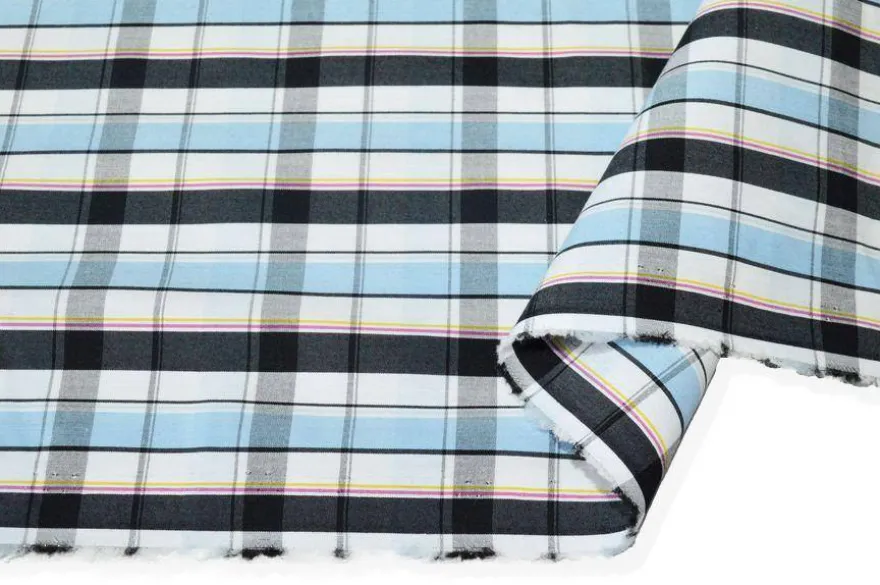 TESSUTO COTONE CAMICERIA STRETCH SCACCO CELESTE