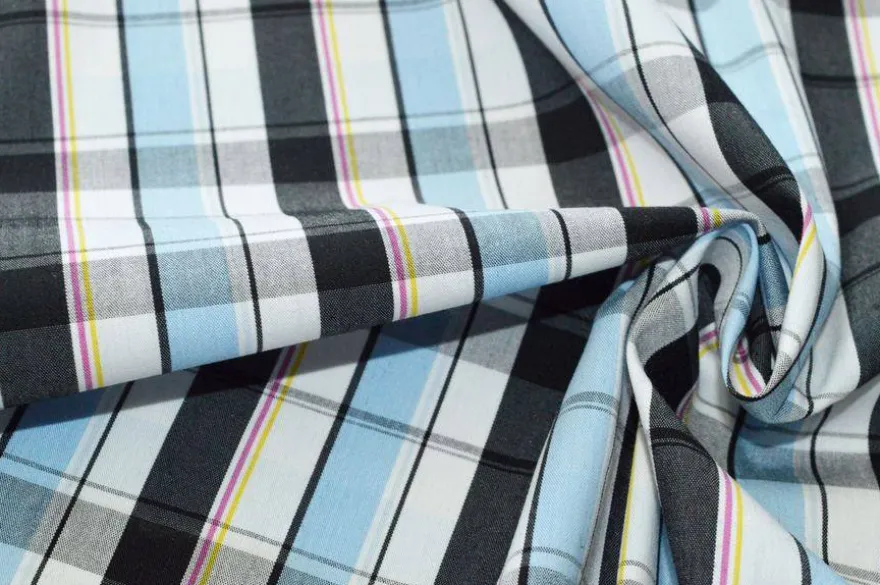 TESSUTO COTONE CAMICERIA STRETCH SCACCO CELESTE