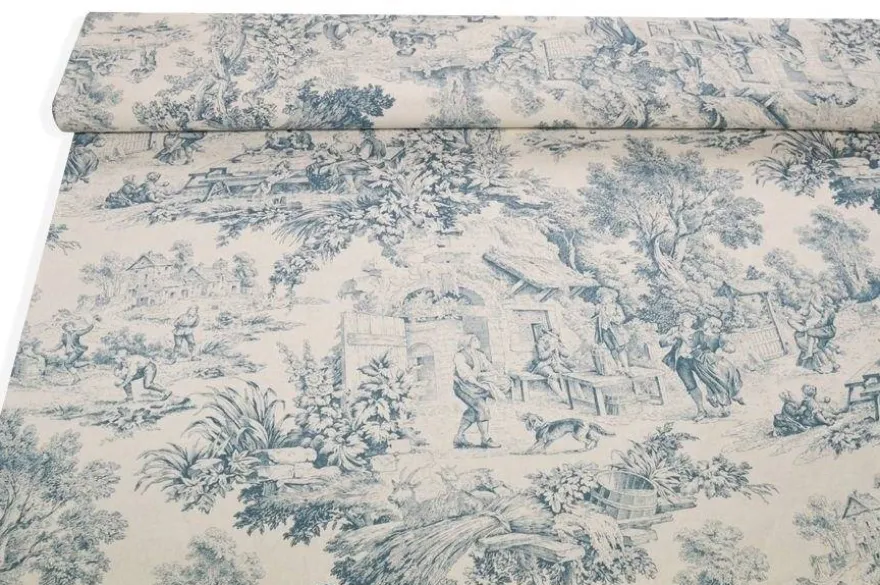 TESSUTO COTONE PANAMA TOILE DE JOUY AZZURRO