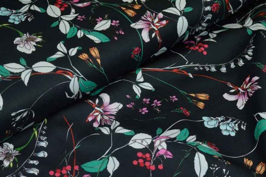 TESSUTO COTONE STRETCH FANTASIA FIORE FONDO NERO