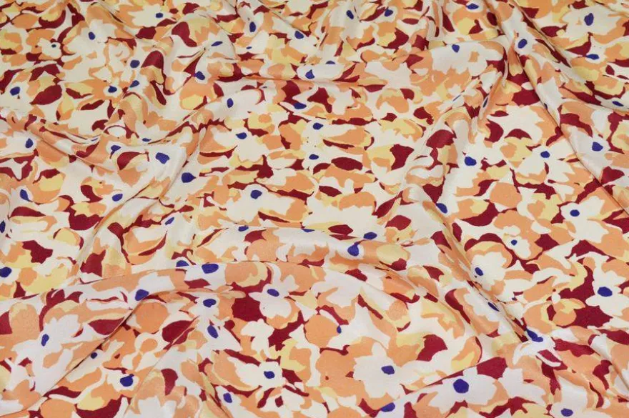 TESSUTO CREPE DE CHINE PURA SETA FIORE ASTRATTO BORDEAUX