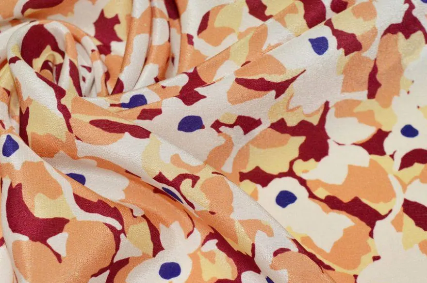 TESSUTO CREPE DE CHINE PURA SETA FIORE ASTRATTO BORDEAUX