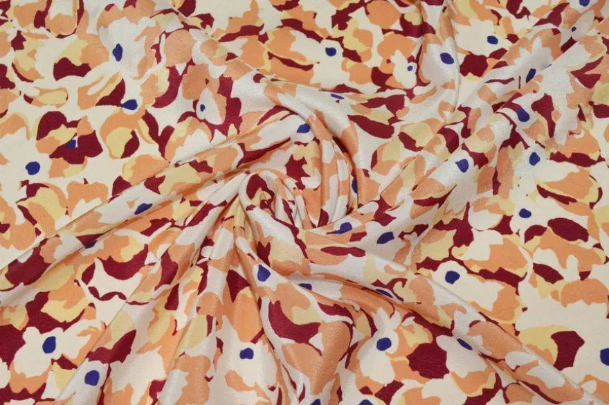 TESSUTO CREPE DE CHINE PURA SETA FIORE ASTRATTO BORDEAUX
