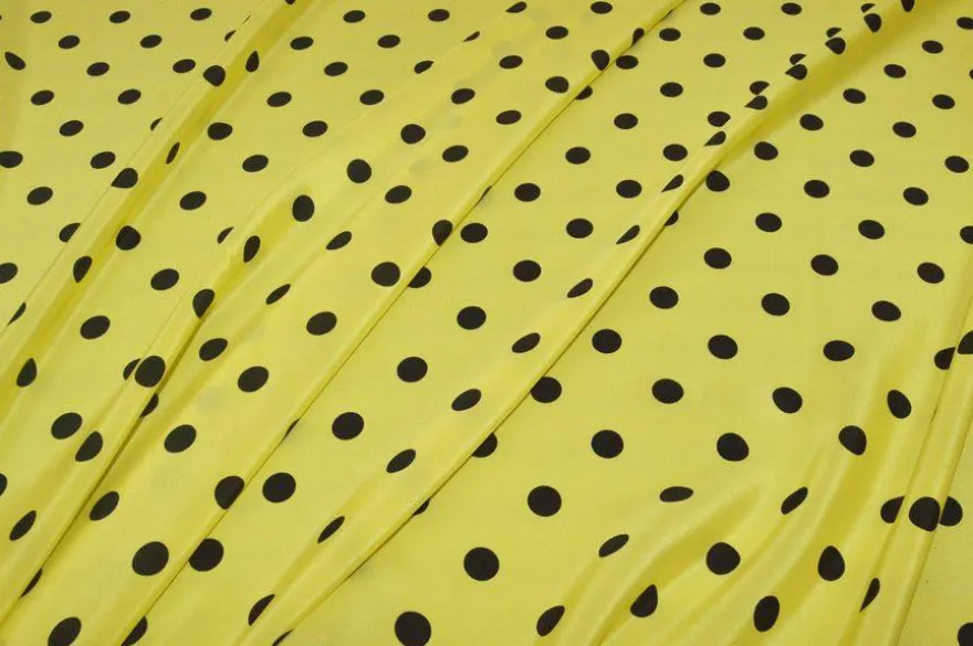 TESSUTO CREPE DE CHINE PURA SETA POIS NERO FONDO GIALLO