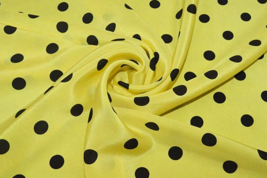 TESSUTO CREPE DE CHINE PURA SETA POIS NERO FONDO GIALLO
