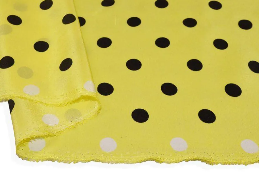 TESSUTO CREPE DE CHINE PURA SETA POIS NERO FONDO GIALLO