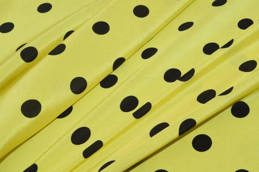 TESSUTO CREPE DE CHINE PURA SETA POIS NERO FONDO GIALLO