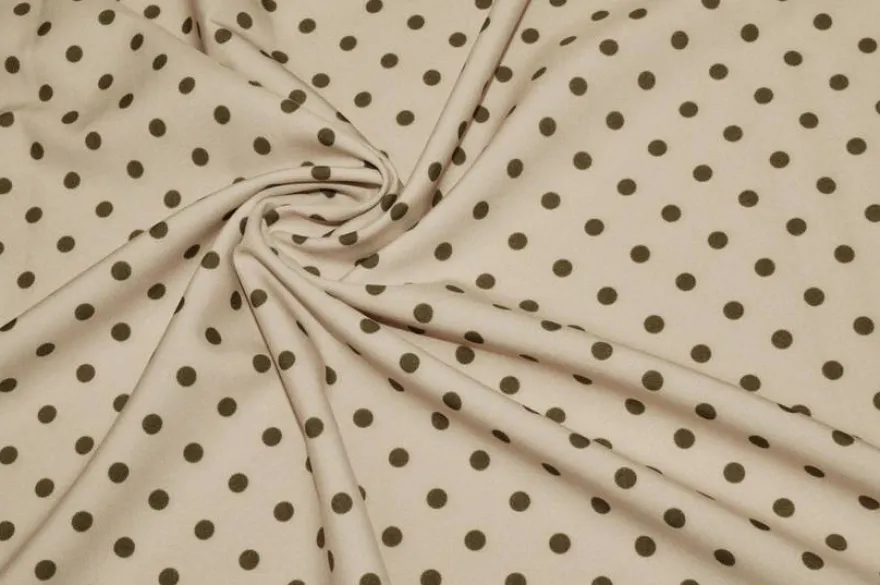 TESSUTO CREPE ELASTICIZZATO FONDO BEIGE CHIARO BOLLO VERDE