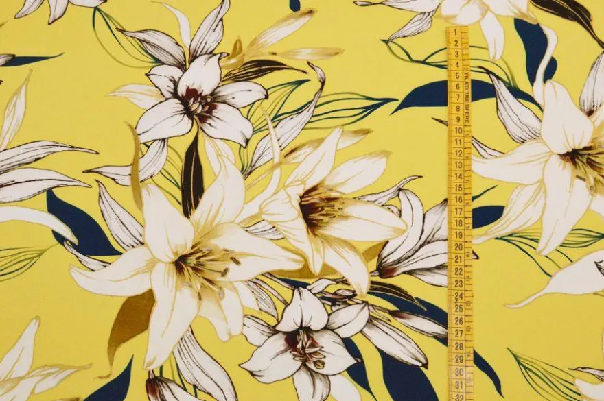 TESSUTO CREPE STRETCH FANTASIA FLOREALE FONDO GIALLO