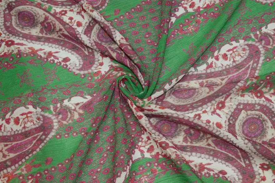 TESSUTO CREPON DISEGNO CASHMERE FUCSIA E VERDE
