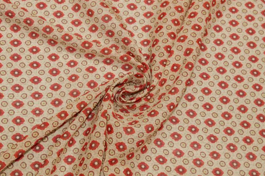 TESSUTO CREPON FANTASIA FIORELLINO ROSSO FONDO BEIGE
