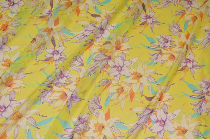 TESSUTO GEORGETTE SETA STRETCH MOTIVO FLOREALE GIALLO