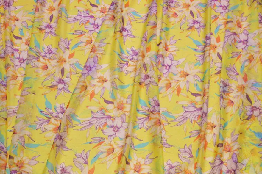 TESSUTO GEORGETTE SETA STRETCH MOTIVO FLOREALE GIALLO