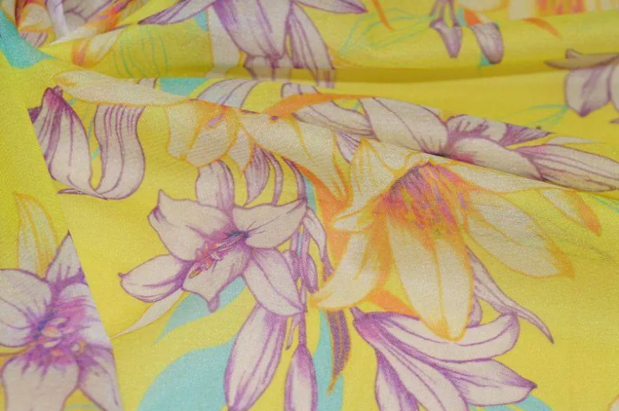 TESSUTO GEORGETTE SETA STRETCH MOTIVO FLOREALE GIALLO