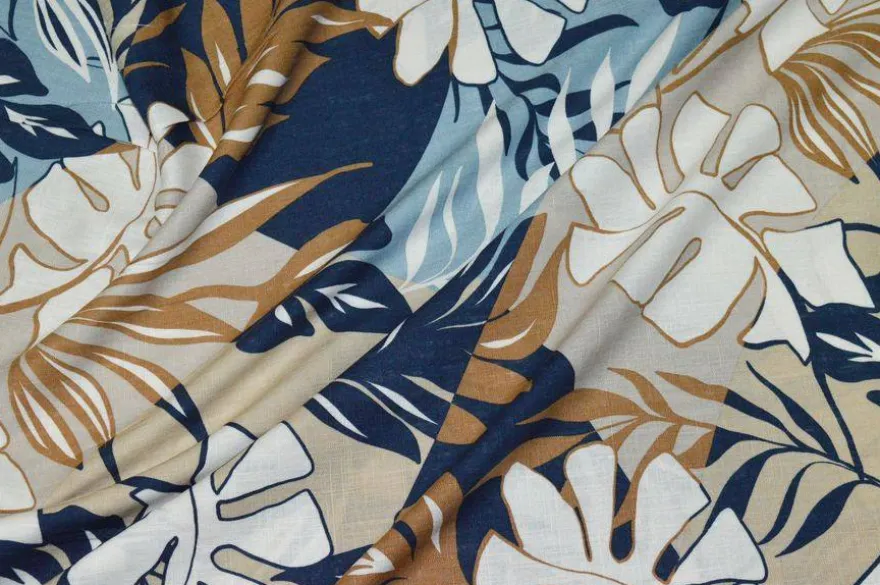 TESSUTO LINO E COTONE FANTASIA TROPICAL BLU