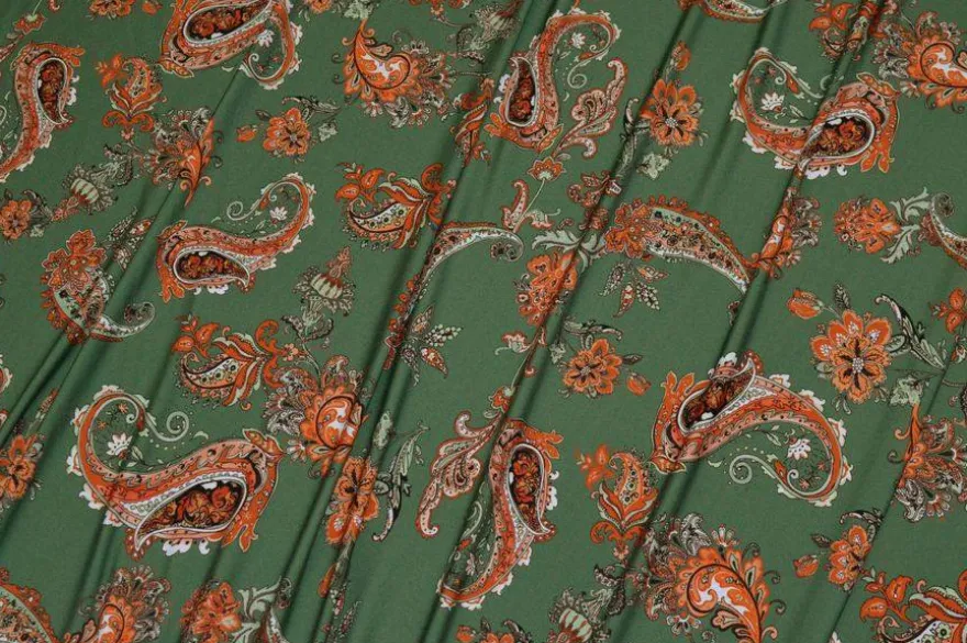 TESSUTO LYCRA BIELASTICA FANTASIA CASHMERE ARANCIO E VERDE