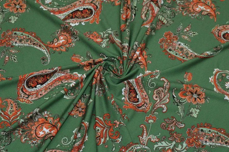 TESSUTO LYCRA BIELASTICA FANTASIA CASHMERE ARANCIO E VERDE