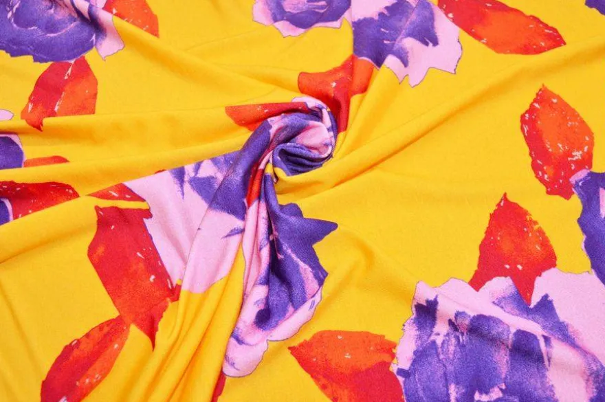 TESSUTO MAGLINA VISCOSA FANTASIA FLOREALE VIOLA FONDO GIALLO