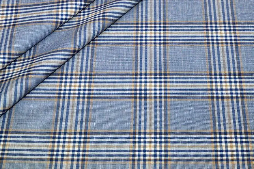 TESSUTO MISTO LANA LINO SCACCO AZZURRO RIGA BEIGE